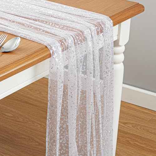 TIESOME 10 Ft Silver Table Runner, Sheer Chiffon Tulle Cheesecloth Silver Sequin Glitter Metallic Foil Party Table Decorations Centerpiece for Wedding Birthday Christmas Bridal