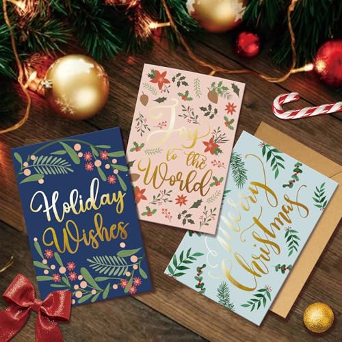 Spercy 24 Pack Gold Foil Christmas Greeting Cards with Envelopes & Stickers, Holiday Season Bulk Set, 6 Designs