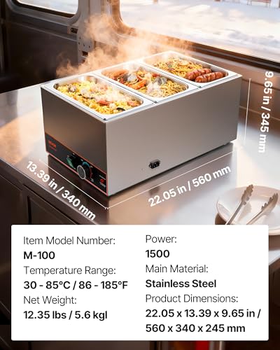 22.05 x 13.39 x 9.65 in Commercial Food Warmer 1500W Stainless Steel Countertop Buffet Bain Marie - Fast Heating & Large Capacity