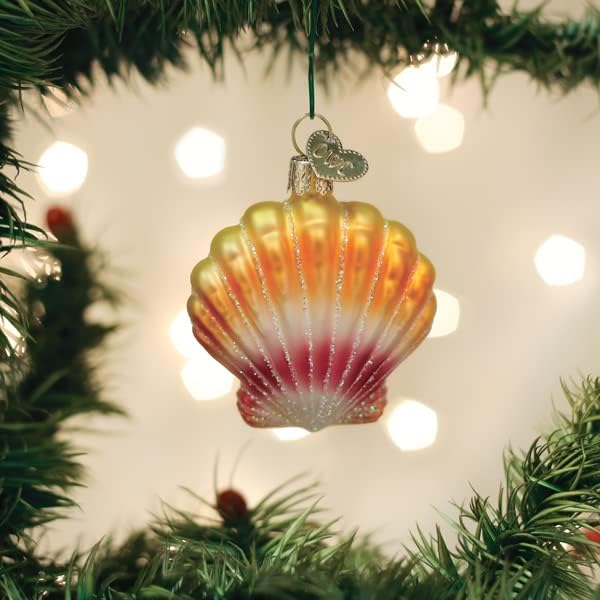Beach Shells Glass Blown Ornaments for Christmas Tree - Junonia Shell, Tan/Brown/White/Gold