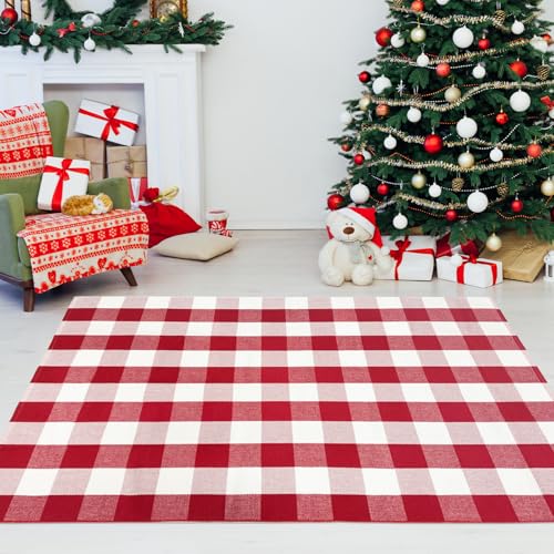 USTIDE Red & White Buffalo Plaid Outdoor Rug 4' x 6' Washable Cotton Entryway Mat