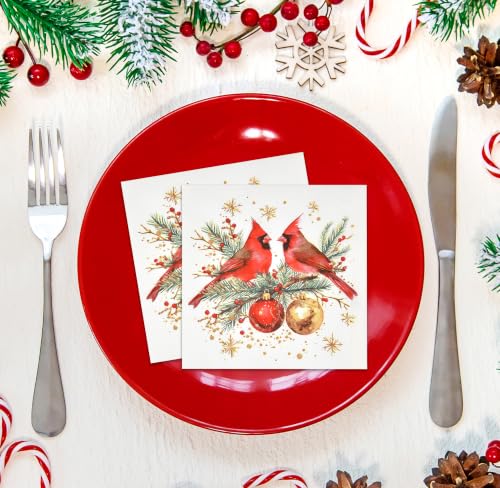 Christmas Cardinal Cocktail Napkins Set of 100, Red Bird & Ornament Design