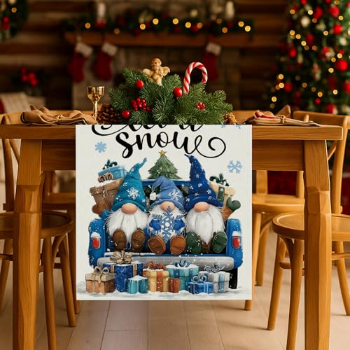 GPGHE Winter Gnome Christmas Table Runner 13'' x 72'' Blue Holiday Decor