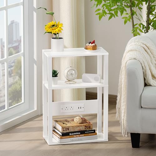 YUFAM White 3-Tier Narrow Bedside Table with Charging Station - Small Nightstand