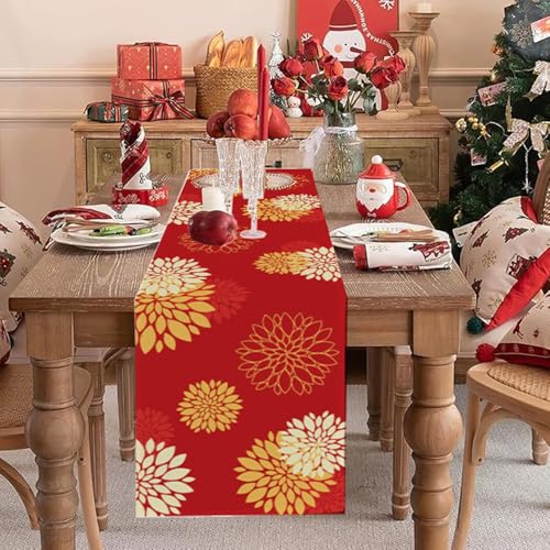 WHOMEAF Red Yellow Dahlia Burlap Table Runner 13 x 48 Inch - Christmas Decor