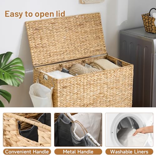 Water Hyacinth Laundry Hamper with Wheels & Lid, 52.8 Gallon, Natural, 3-Section with Removable Liners - 31.5"L x 15.75"W x 25.6"H