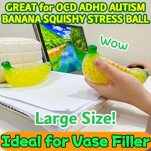Squishy Banana Stress Balls - Stretchy Fruit Stress Balls for Adults and Party Favors, Yellow Squishy Banana Dough Ball for Vase Filler, Home Decoration, Christmas Decoration, Easter Basket Stuffers