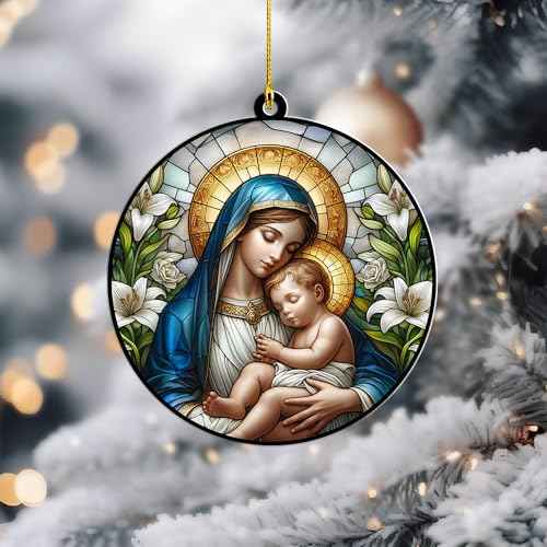Catholic Christmas Ornament ? Virgin Mary and Baby Jesus Acrylic Hanging Decoration ? Style Nativity Ornament ? Religious Gift for Christian Families, Tree D?cor (Sun-38)
