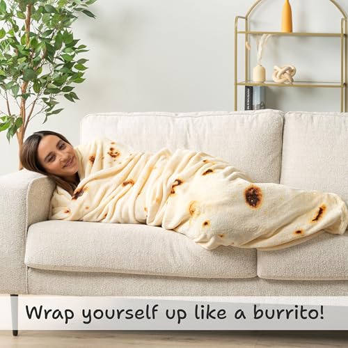 PAVILIA Burrito Tortilla Blanket, Double Sided Taco Flour Wrap Novelty Throw for Adult Kid Teen, Realistic Food Blanket, Funny Gag Gift for Birthday, Beige Flour 80in