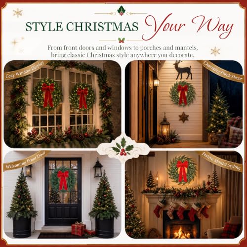 Presentastic 26 Inch Green Cedar Pine Christmas Wreath Pre-Lit with Red Velvet Bow
