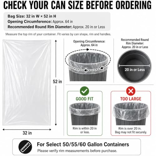 Clear 6 Mil Heavy Duty Contractor Trash Bags - 50/55/60 Gallon, 20 Pack - Variation: Clear-6 Mil