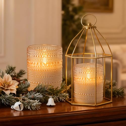 Gold Dotted Glass Flameless LED Candles Set with Remote - Real Wax Finish
