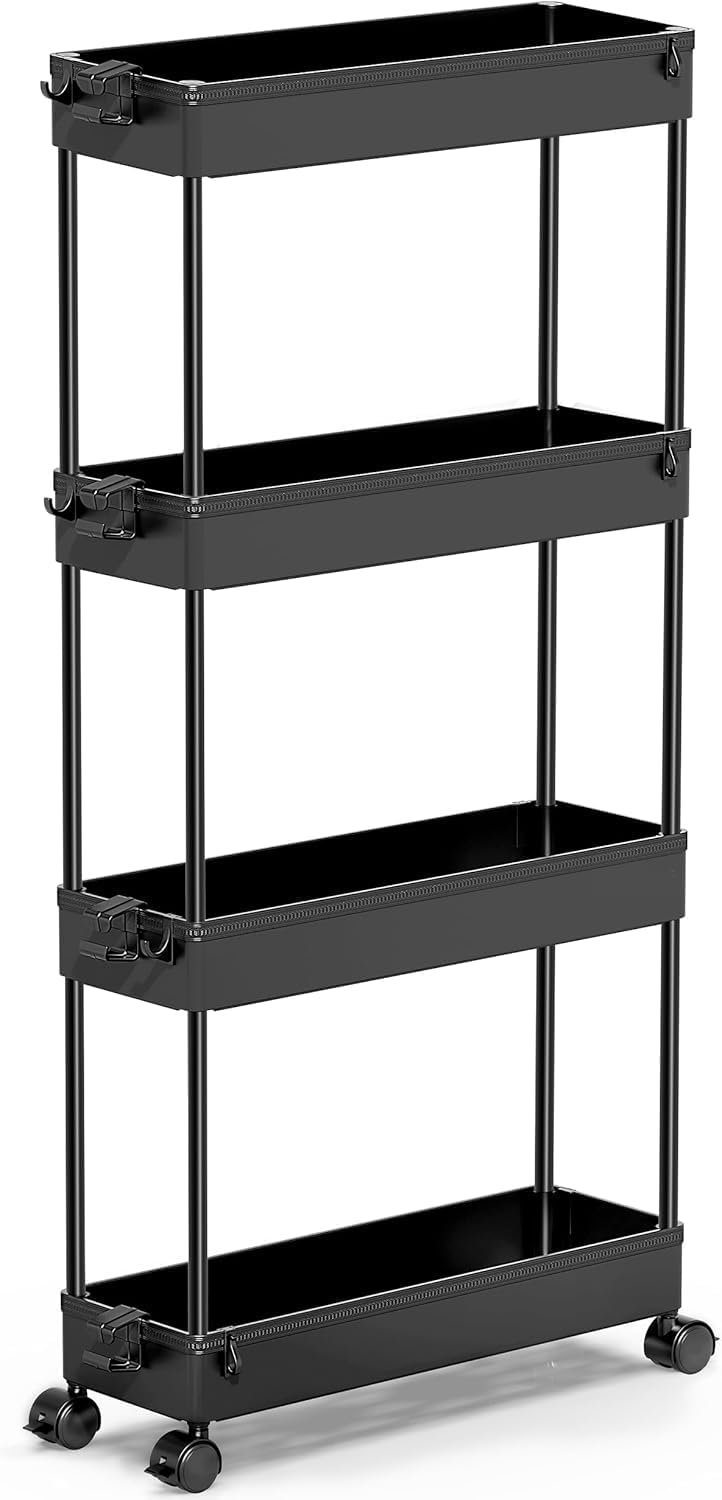 SPACEKEEPER Slim Rolling Storage Cart - 4-Tier Mobile Organizer for Bathroom, Kitchen & Laundry - Black