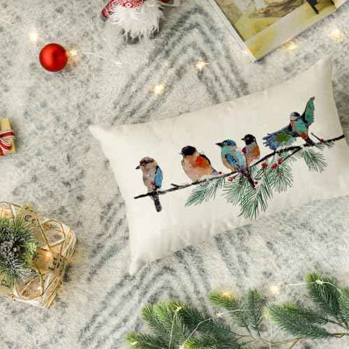 RABUSOFA Christmas Pillow Covers 12x20 Inch Birds Christmas Decorations Christmas Winter Lumbar Throw Pillow Cases Xmas Outdoor Birds Decor Decorative Pillows for Couch Holiday Teal