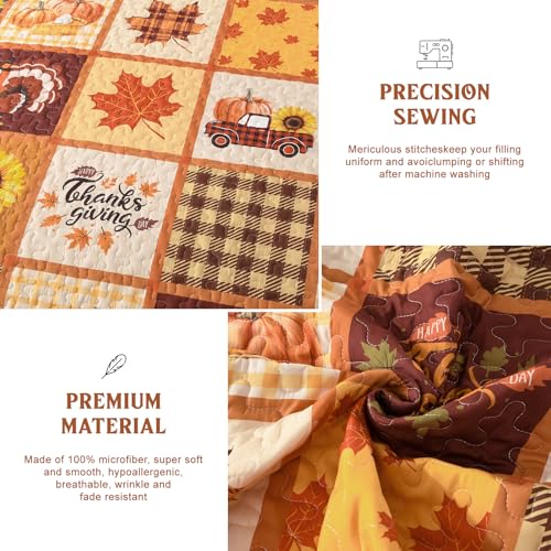Fall Patchwork Quilt Set Queen - Thanksgiving Pumpkin & Maple Leaves Bedding