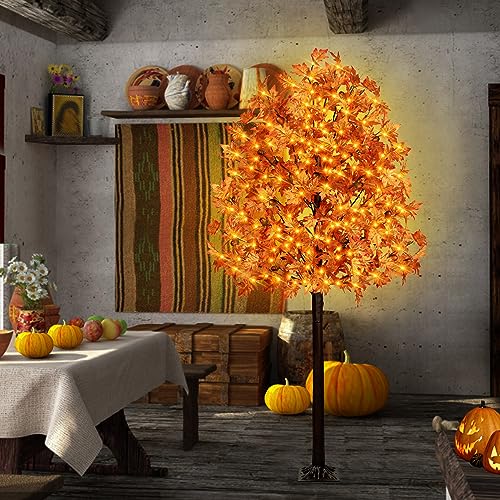 Remon 7FT Fall Maple Tree Light 170 LEDs with 17 Acorns, Remote, 8 Modes, Outdoor Decor