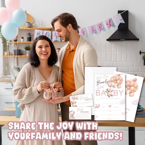 Pink We Can Bearly Wait Baby Shower Invitations Set of 25 with Diaper Raffle Tickets & Envelopes