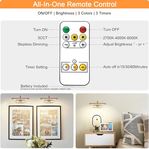 Brass Finish Rechargeable Picture Light with Remote Control, 12 Inch Adjustable Art Lighting