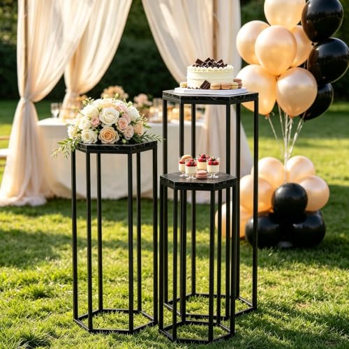 Urban Deco Set of 3 Black Hexagon Metal & Wooden Marble Party Stands