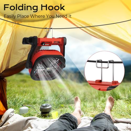 Red Battery Operated Camping Fan with USB Charging & LED Lights - Portable, 4 Speeds, Hook, for Milwaukee M18 Batteries