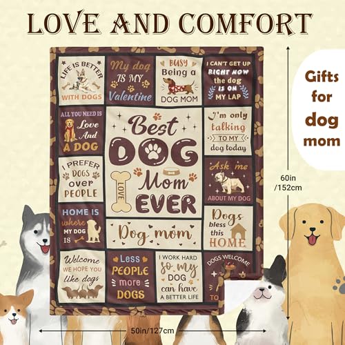 Dog Mom Gift Blanket for Women 60x50 Inches, Cute Dog Lover Throw - Henazin