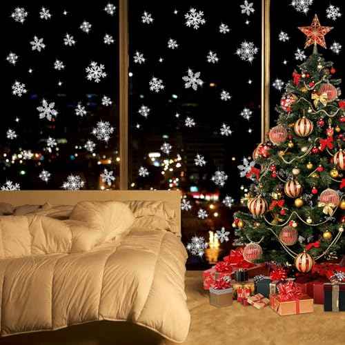LUDILO 240Pcs Christmas Window Clings Glitter Snowflakes Window Decals Static Window Stickers for Christmas Decorations Windows D?cor Ornaments Xmas Party Supplies Thanksgiving Party D?cor