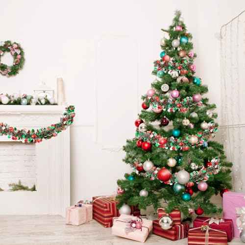 20FT/6M Christmas Tinsel Garland, Red Green Silver Metallic Twist Foil Tinsel Garland Shiny Christmas Hanging Decoration for Xmas Tree Decoration Wedding Party Supplies