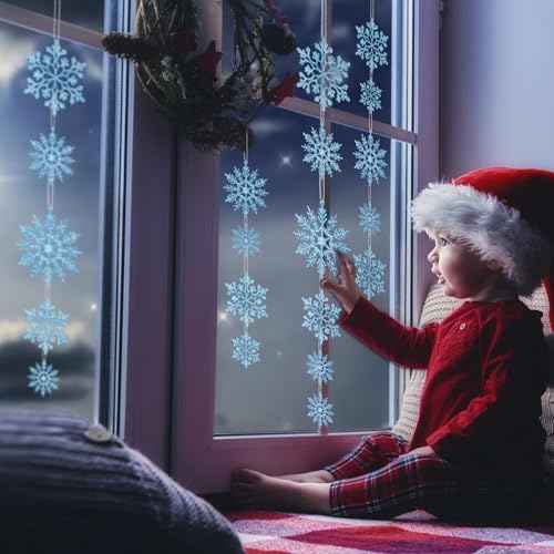 36 Pack Blue Snowflake Ornaments, Christmas Tree Decorations, Plastic Glitter Hanging Snow Flakes for Indoor Winter Christmas Tree Wonderland Decor