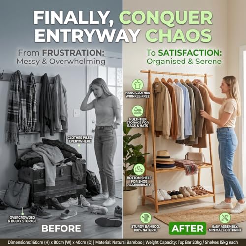 Finnhomy Bamboo Clothes Rack Portable Extra Large Garment Organizer with 2-Tier Shelves