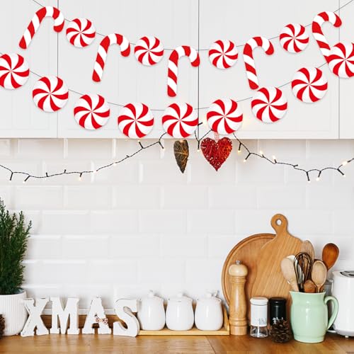 Whaline 4Pcs Christmas Paper Banner Red White Stripe Candy Cane Banner Xmas Bunting Garland for Christmas Party Supplies Home Hanging Decoration