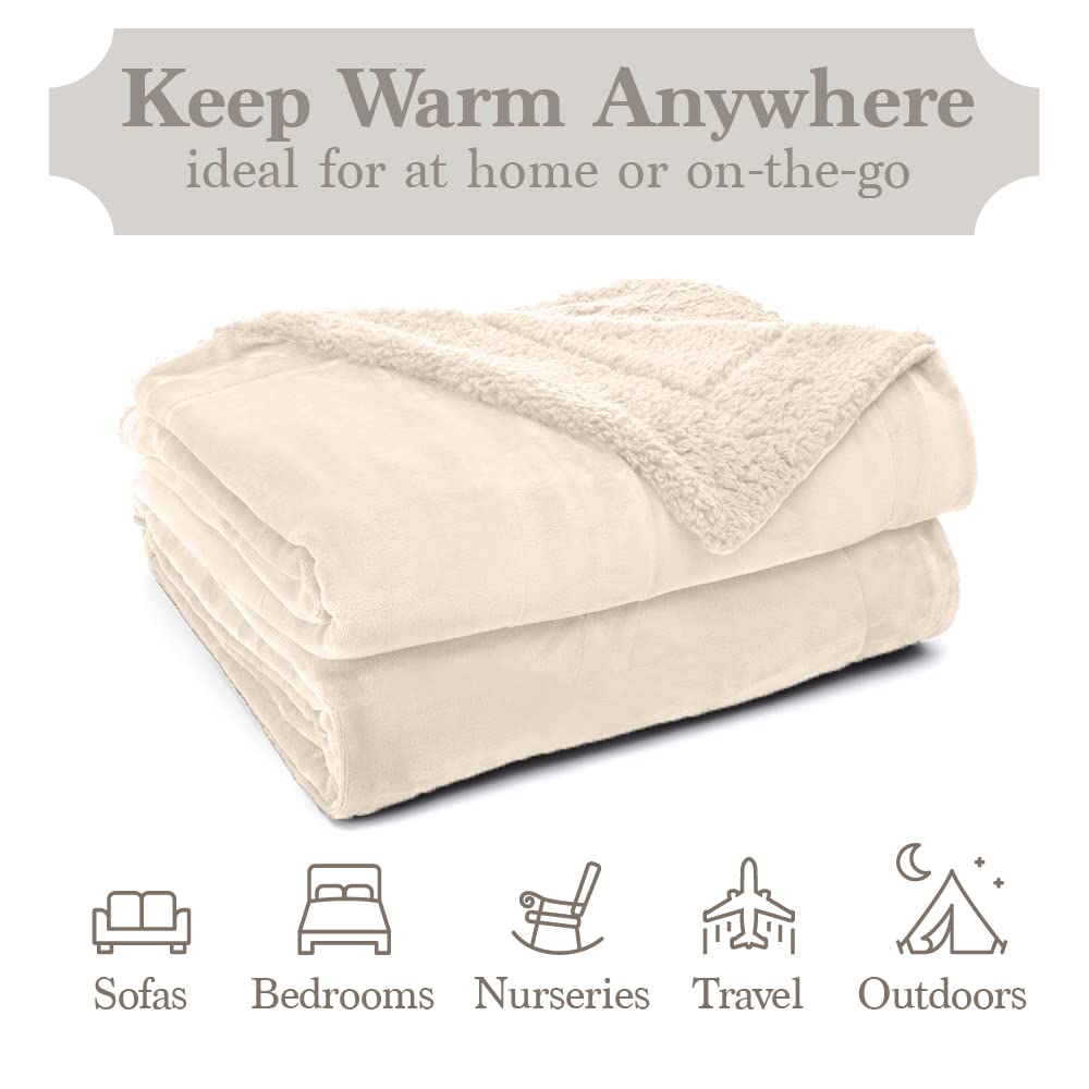 The Connecticut Home Co Bedding Blanket, Queen 90x90, Soft Plush Velvet and Sherpa, Warm Throws for Bed, Gift for Women, Bedroom Luxury Home Decor Accent Blankets for Couch Sofa Chair, Cream