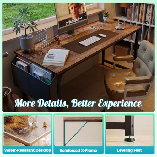 PRAISUN Rustic Brown 55-Inch Computer Desk with Fabric Storage Bag
