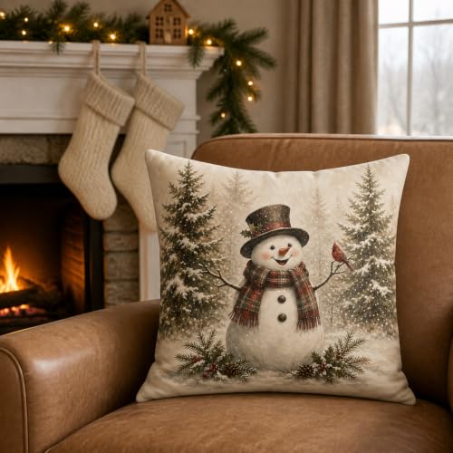Brown Snowman Holiday Pillow Cover 18x18 for Xmas Winter Decor