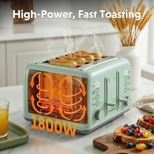 BUYDEEM 4-Slice Toaster with 7 Shade Settings, Extra Wide 1.5" Slots, Green Variation