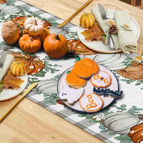 Fall Table Runner, Kaluofan 2024 Table Runner 13"x72", Thanksgiving Table Runner, Fall Decorations for Home, Grid Pattern Around Various Pumpkin for Dining Table Decorations