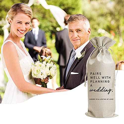 JioJio Chan Pairs Well With Planning a Wedding Wine Bag, Engagement, Funny Personalized Burlap Drawstring Wine Bag for Friend Newlyweds, Wedding Party Decorations (J353)