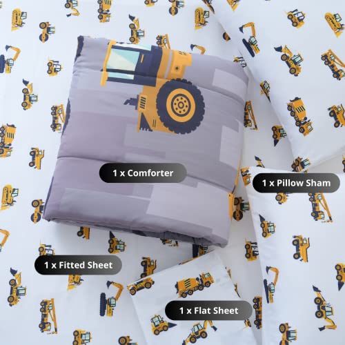 Twin Size Construction Trucks Comforter Set - 4-Piece Bed in a Bag for Boys - Truck Cars Design