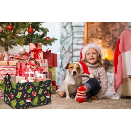 Rectangular Christmas Baskets,Tree Basket Empty,Waterproof PE Coating Kids Baskets with Handles,Gifts Book Bins,Gift Bin. (Christmas Tree)
