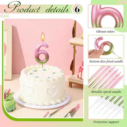 MTLEE Number 6 Pink and Green Birthday Candle with 6 Pcs Spiral Candles 5.12 Inch Pastel Cake Topper for Girls Witch Theme Party Decoration