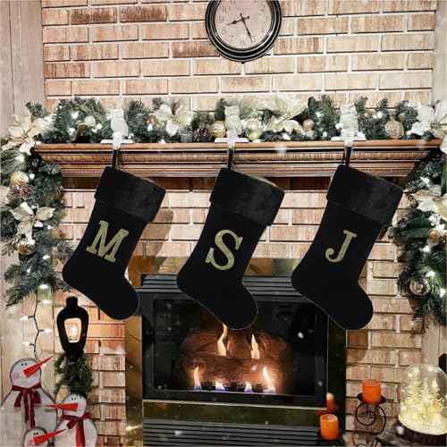 20 Inches Initial Monogram Christmas Stocking Personalized,Deluxe Black Velvet Body with Super Soft Plush Cuff Embroidered Letter,Holiday Season Decor£¨Black-Paw£©