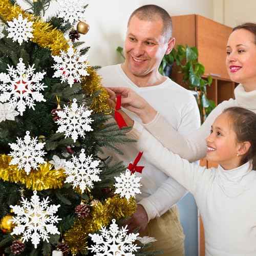 Whaline 36Pcs Christmas Snowflake Ornaments White Glitter Snowflake Hanging Decor Plastic Glitter Crafts for Winter Holiday New Year Xmas Tree Party Home Decor