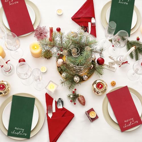 Whaline 200 Pcs Christmas Guest Napkins Red & Green Merry Christmas Paper Napkins - Disposable Xmas Guest Hand Napkins