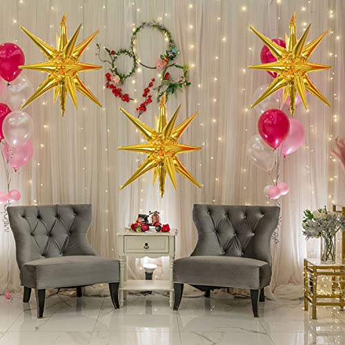 6 Pcs Gold Star Foil Balloons One-Piece 14-Pointed Star Balloon 4D Starburst Cone Mylar Balloon 22inch Christmas Birthday Wedding Wedding Anniversary Party Supplies(Gold)
