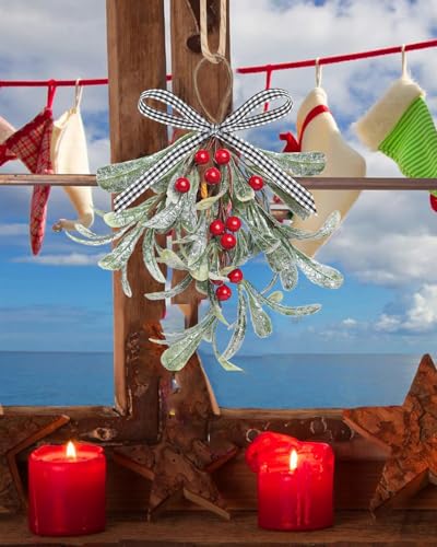 Artificial Mistletoe Décor for Doorways - 12in Glitter Leaves with Red Berries
