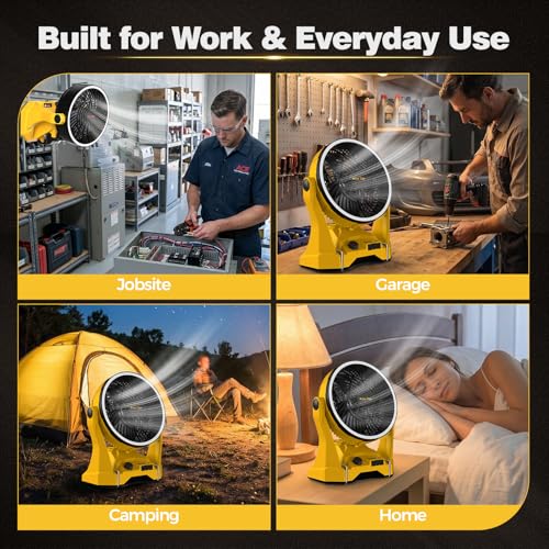 MakeTips Portable DeWalt 20V Max Battery Fan with LED Ring Light - Black & Yellow