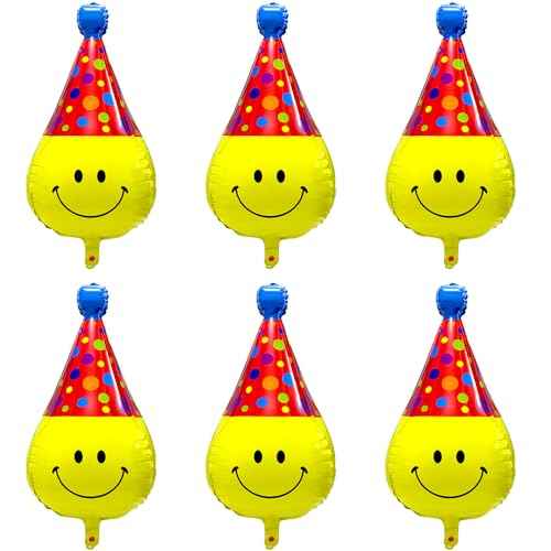 Unique 4D Happy Emoticons With Hat Balloons Smile Face Helium Balloons, 6 Pack Cute Cartoons Movie Character Smile with Party Hat Foil Mylar Balloons For Kids Birthday Decoration Party Supplies
