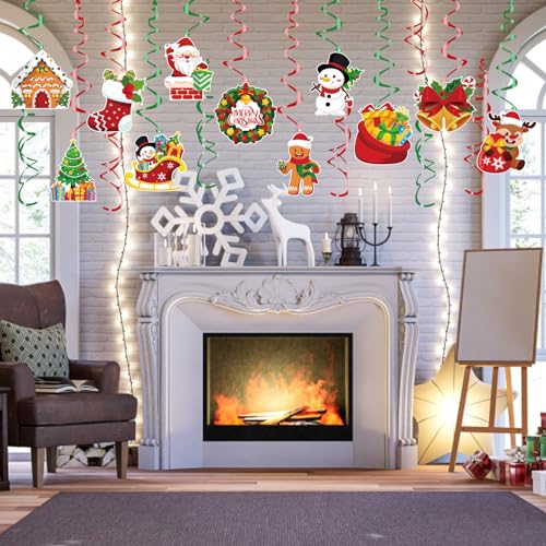 KIMOBER 30PCS Christmas Hanging Swirls Decorations, Double Sided Foil Swirl Hanging Ceiling Decorations for Xmas Holiday Party Supplies