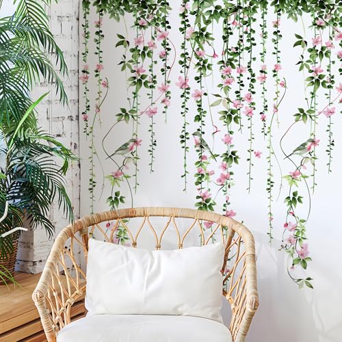 4 Sheets Hanging Vines with Flowers Wall Decals Green Plant Leaves Wall Stickers Pink Cherry Blossom Vine Wall Art Hanging Flower Tree Branches Bird Wall Murals for Kids Bedroom Nursery Decoration 20