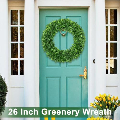 26 Inch Green Boxwood Wreath for Front Door All-Season Realistic Eucalyptus Decoration