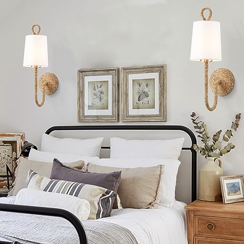 White Rattan Wall Sconce Set of 2 with Wicker Shade Boho Farmhouse Decor